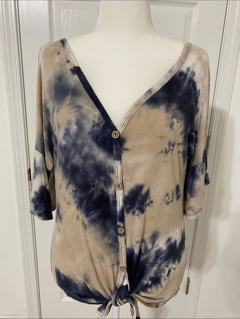 Sweet Lovely  Navy and Taupe Tie-Dye Button Front Top